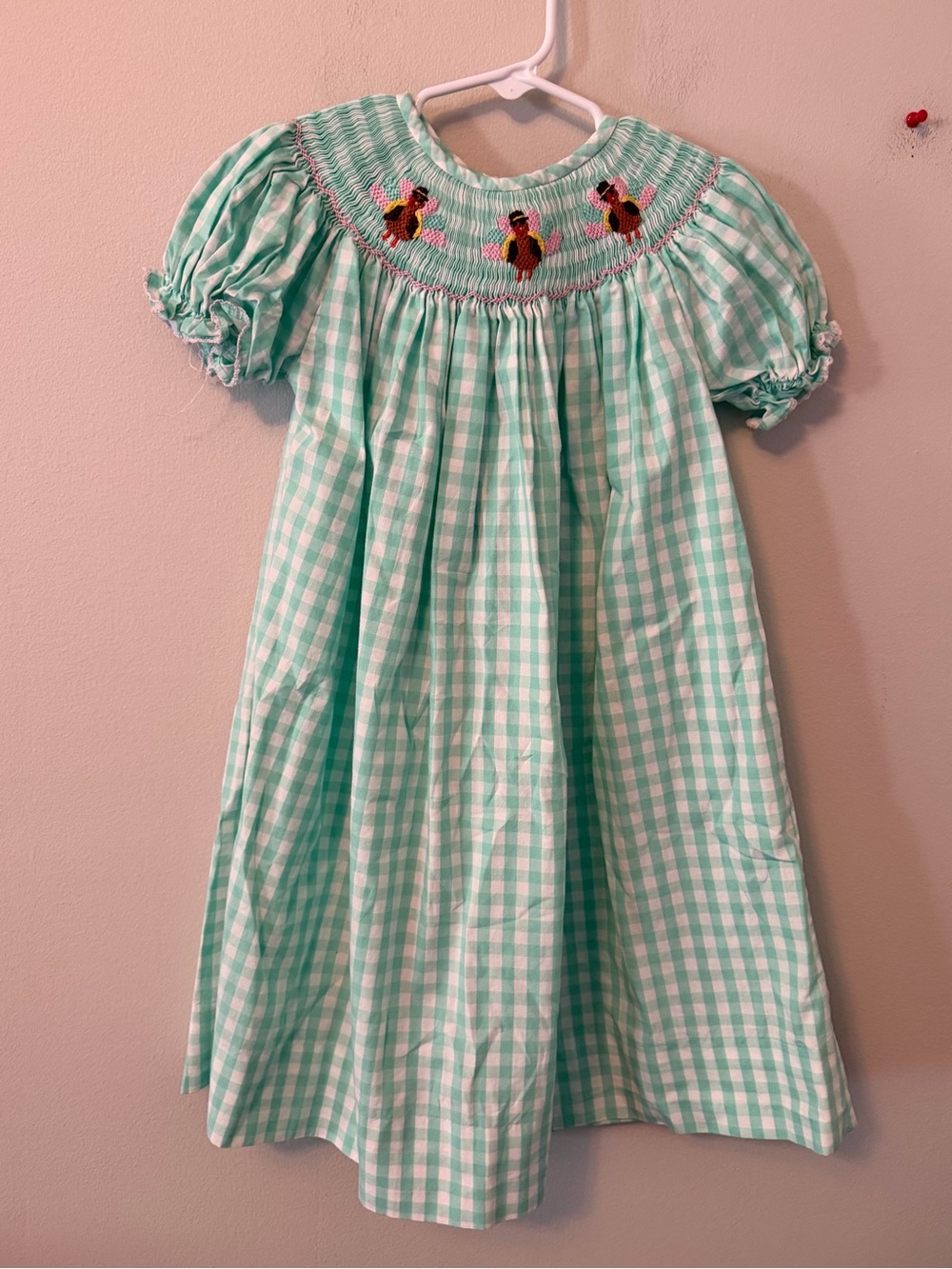 Cecil and Lou Mint Gingham Smocked Turkey Dress